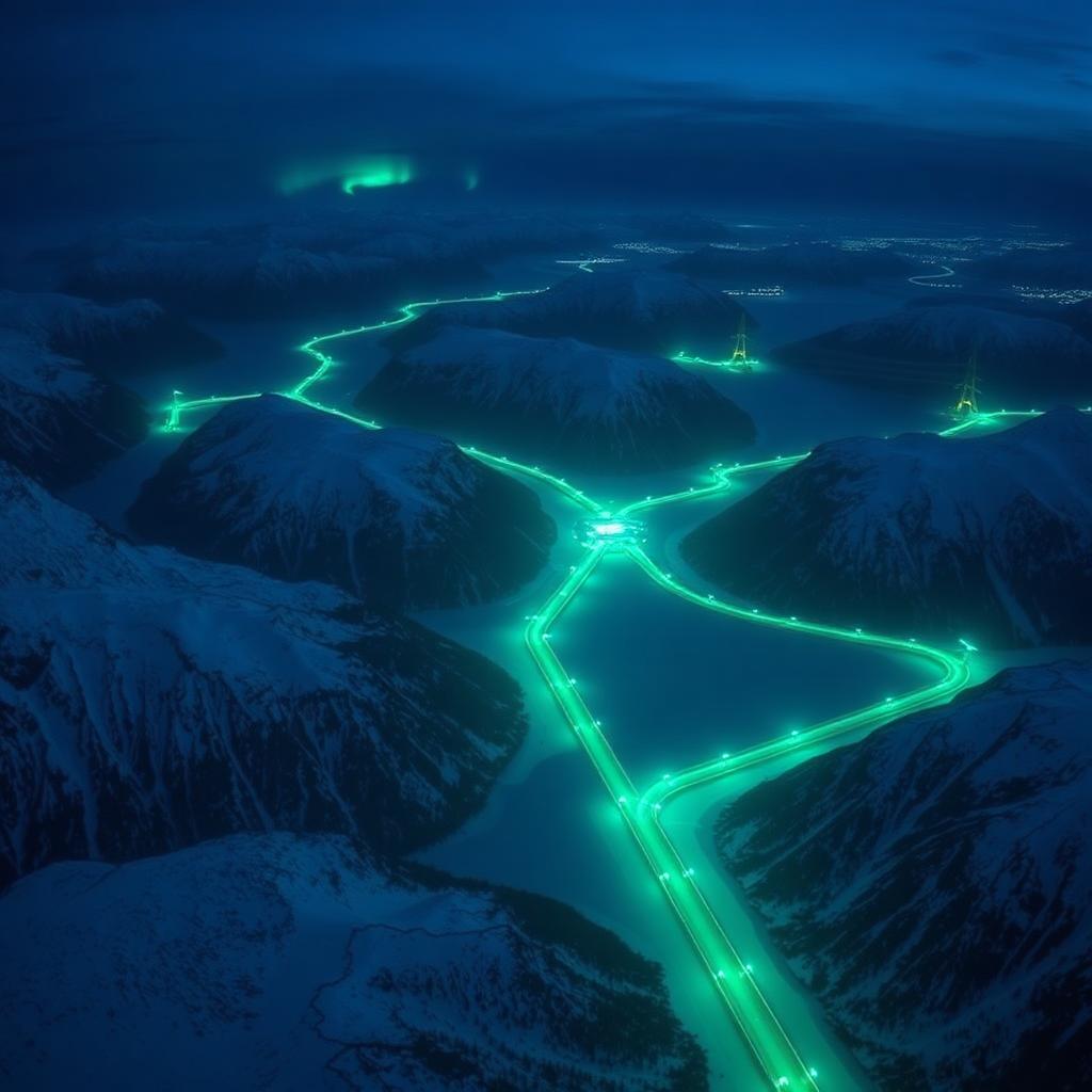 Aerial view of Nordic transmission lines glowing across snow-dusted mountains at dusk with aurora borealis overhead